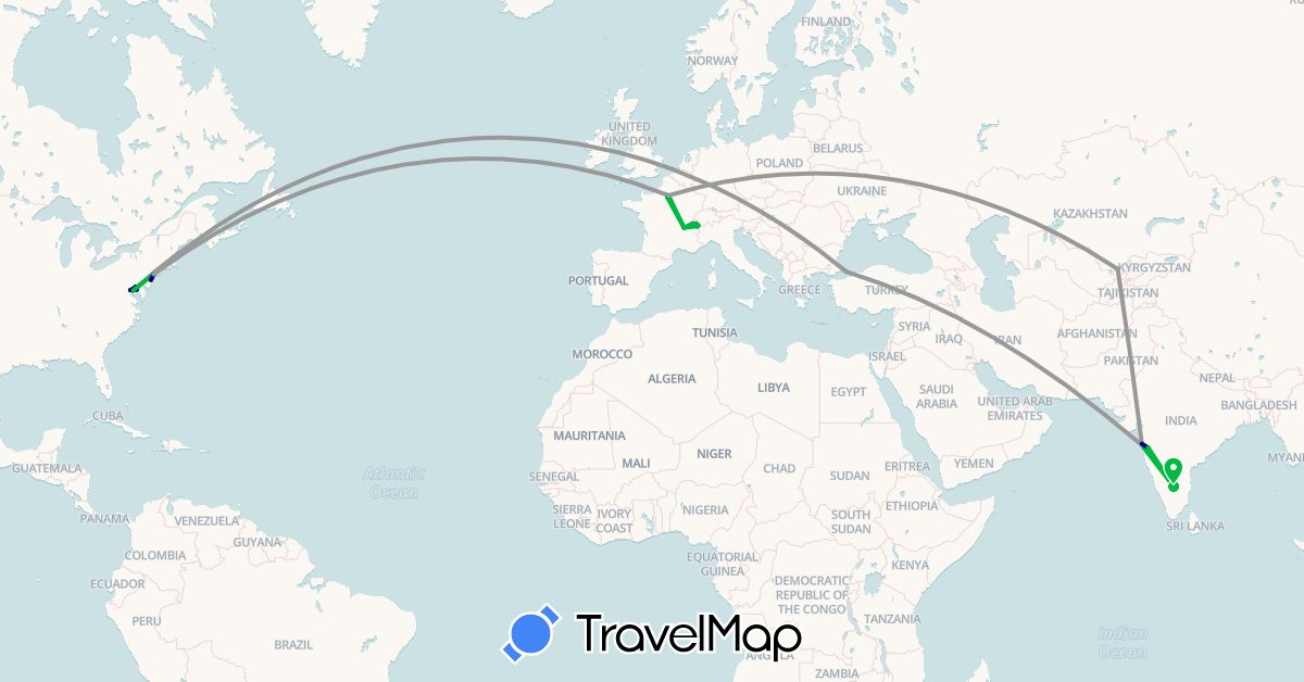 TravelMap itinerary: driving, bus, plane, hiking in Switzerland, France, India, Turkey, United States, Uzbekistan (Asia, Europe, North America)
